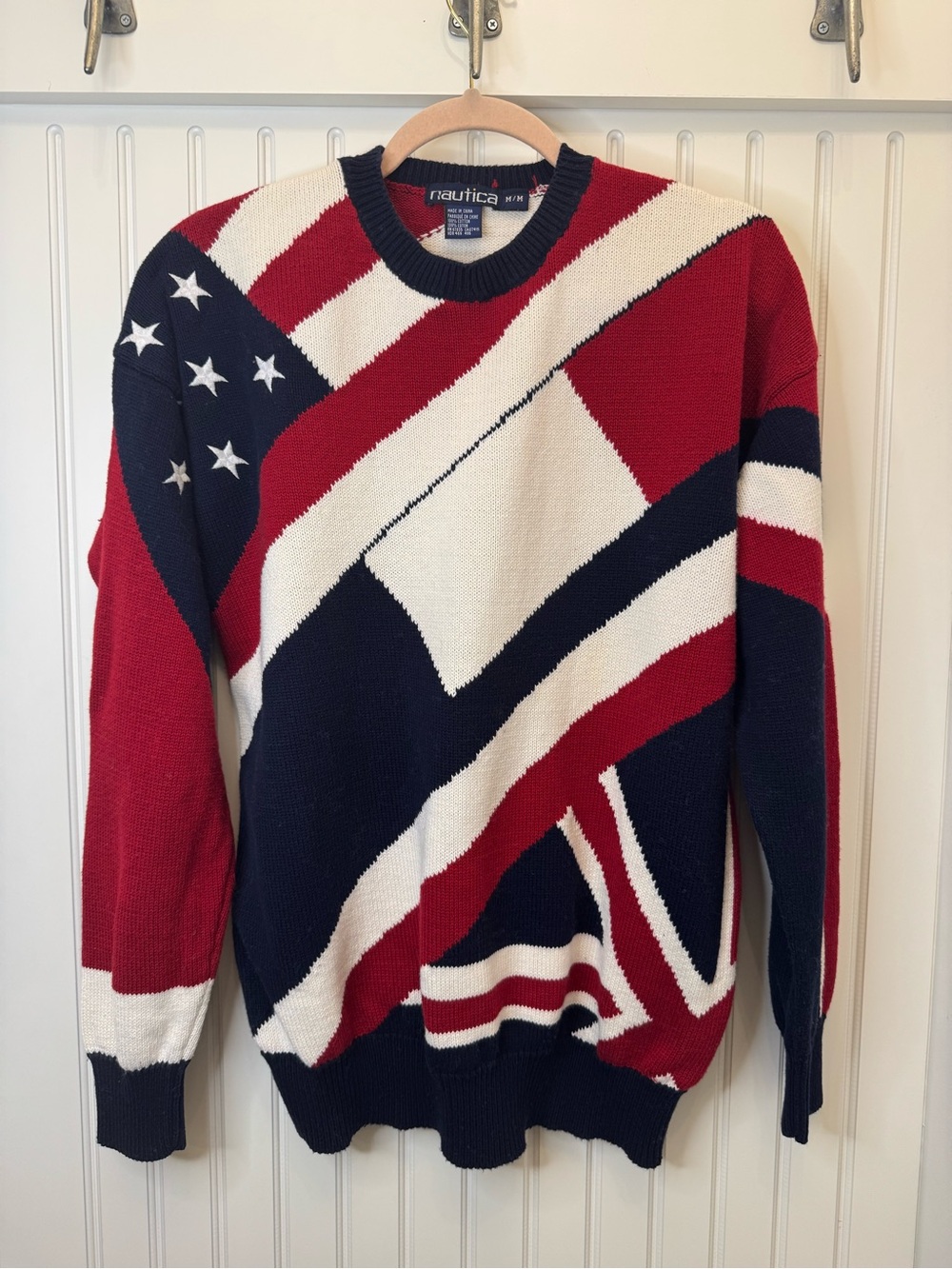 Mens 90’s Nautica Knit Cotton Americana Sweater w/ Embroidered Stars Street Ware